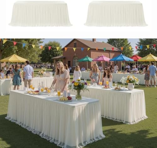 CO-AVE 2pack Ivory Tulle Tablecloth for 6ft Rectangular Tables, 2-in-1 Elastic Stretch Spandex Cover with Tutu Ruffle Skirt, Wrinkle Free for Wedding, Birthday, Banquet, Buffet, Bridal Shower - Image 2
