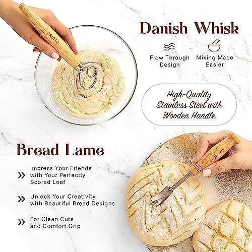 ABIOTO Banneton Baskets with Sourdough Bread Baking Supplies - 17-Piece Kit | Bread Baking Kit for Beginners - Round & Oval Sourdough Proofing Baskets, Liners, Slings, Mat, Lame, Danish Whisk, & Scrapers - Image 3