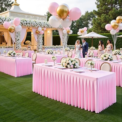 6 Pack Pink Rectangle Tablecloth 8 FT Stretch Spandex Fitted Table Cloth for 8 Foot Rectangle Tables Banquet Tablecloths Wrinkle Free Table Cover Skirt Ruffle Tablecloth for Party Wedding Birthday - Image 4