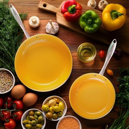 Non Stick Frying Pans - Tuxton Home Concentrix 2-Piece Stainless Steel Pan Set - Stove & Oven Compatible 8-inch & 11-inch Ceramic Frying Pan with Riveted Handles - Saffron Yellow Nonstick Pan Set - Image 4