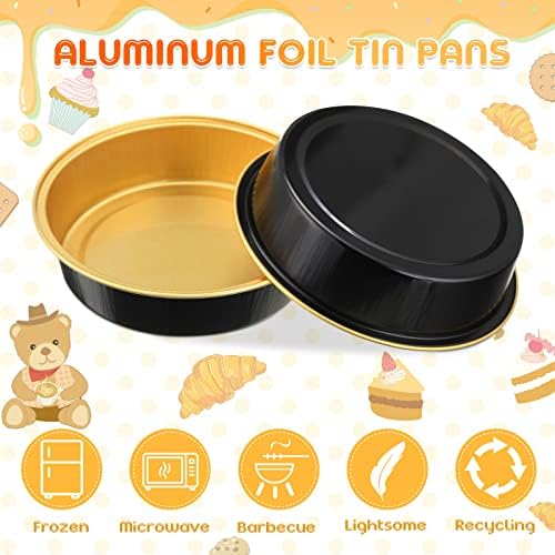 Yinder 200 Pcs 8oz Disposable Mini Pie Pans/tins with Lids Tart Pans, Small Cake Pan Round Containers Aluminum, 4 Inch Mini Cake Pan for Quiche Cheesecake Container Oven Bake Sale(Black and Gold) - Image 6