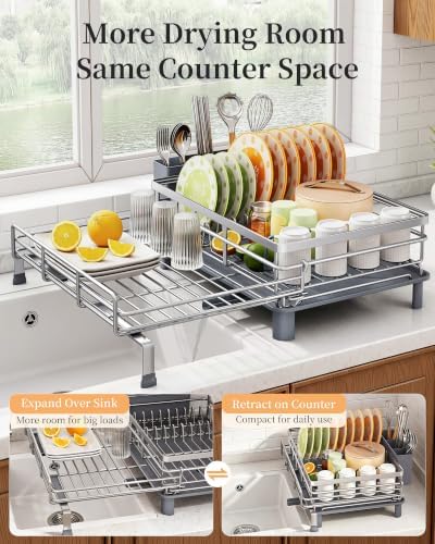 Expandable Dish Drying Rack for Kitchen Counter, Stainless Steel, Silver - Image 3