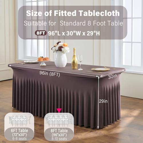 6 Pack Brown Spandex Table Clothes for 8 Foot Rectangle Tables, Wrinkle Free Fitted Table Cover 8ft Stretch Tablecloths Desk Skirt for Parties Weddings Birthday Banquet Baby Shower - Image 5