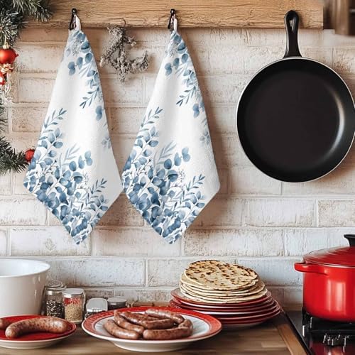 Blue Eucalyptus Kitchen Towels Set of 4, Absorbent Dish Towels for Kitchen, Botanical Summer Leaves Country Floral Microfiber Hand Towel, Quick Drying Tea Towel for Cleaning Decorative Dishcloths - Image 6