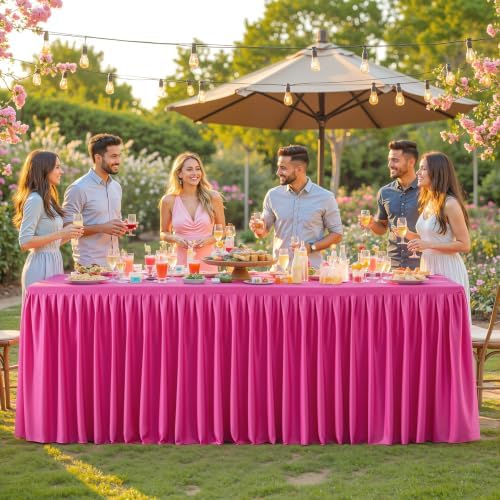 PARTISKY 1 Pack Hot Pink Tablecloths for Rectangle Tables 8ft, Wrinkle Resistant Spandex Table Cover Fitted Stretch Table Cloth with Pleated Ruffle Skirts for Party Banquet Dining Birthday Wedding - Image 6