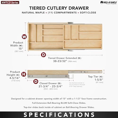 Rev-A-Shelf Maple Two-Tier Cutlery Replacement Drawer System w/ BLUM Soft-Close for Face Frame Base Kitchen Cabinets, Kitchen Drawer Organizer, Min Opening Width of 15", 4WTCD-18HSC-1 - Image 4