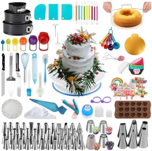 390PCS Cake Decorating Supplies Kit, Baking Tools Set for Cakes – 3 Packs Springform Cake Pans Cake Rotating Turntable 48 Numbered Piping Icing Tips 4 Russian Nozzles 9 Fondant Tools for Beginners by YINAISIKE