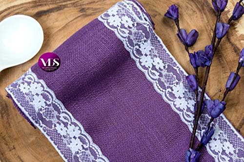 VDS Pack of 5, Burlap Table Runner with White Lace Edge, 100% Natural Jute Rustic Hessian Table Cloth Centerpiece for Wedding Birthday Party Banquet Table Decoration (Size 12X108 Inch)(Lavender) - Image 6