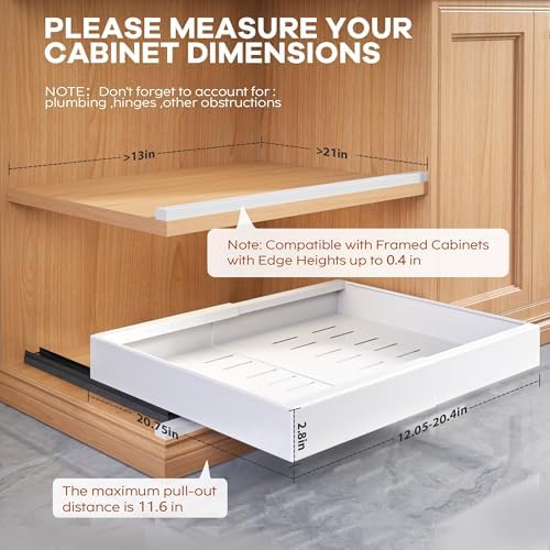 Seinloes 2Pack Expandable Pull Out Cabinet Organizer 21"Deep With Raising Pad for Framed Cabinets, Upgrade 3 Slide Rails Slide Out Drawers, Roll Out Shelves Adhesive,Adjustable Width 12.05"-20.4"White - Image 4
