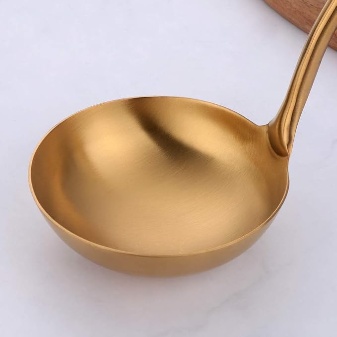 Kitchen Utensil Set -7PCS Gold 18/8(304) Stainless Steel -Wide Spatula,Soup Ladle,Strainer Ladle,Slotted Spatula,Spaghetti Server,Rice Scoop Spoon and Whisk - Image 4
