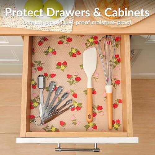 Cooyes Shelf Liner for Kitchen Cabinets – Waterproof & Oil-Proof Drawer Liner, Non-Adhesive EVA Mats with Fruit Pattern – Washable Easy to Clean, Easy to Cut (17.5" W x 360" L, Red Strawberry) - Image 2