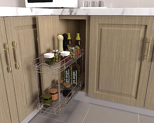 OCG Slide Out Cabinet Organizer for Narrow Cabinet (9" W X 21" D), 2 Tier Pull Out Shelves Slim Sliding Cabinet Organizer and Storage, Chrome - Image 6