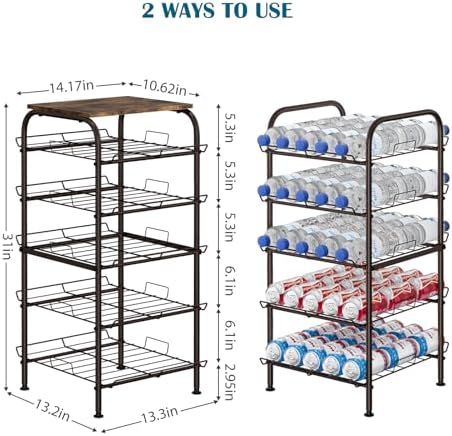 smusei Water Bottle Organizer 5 Tier Free Standing Water Bottle Holder Rack Large Capacity Bottled Water Storage Rack Metal Soda Can Beverage Drink Stand Shelf for Kitchen Pantry Office, Brown - Image 5