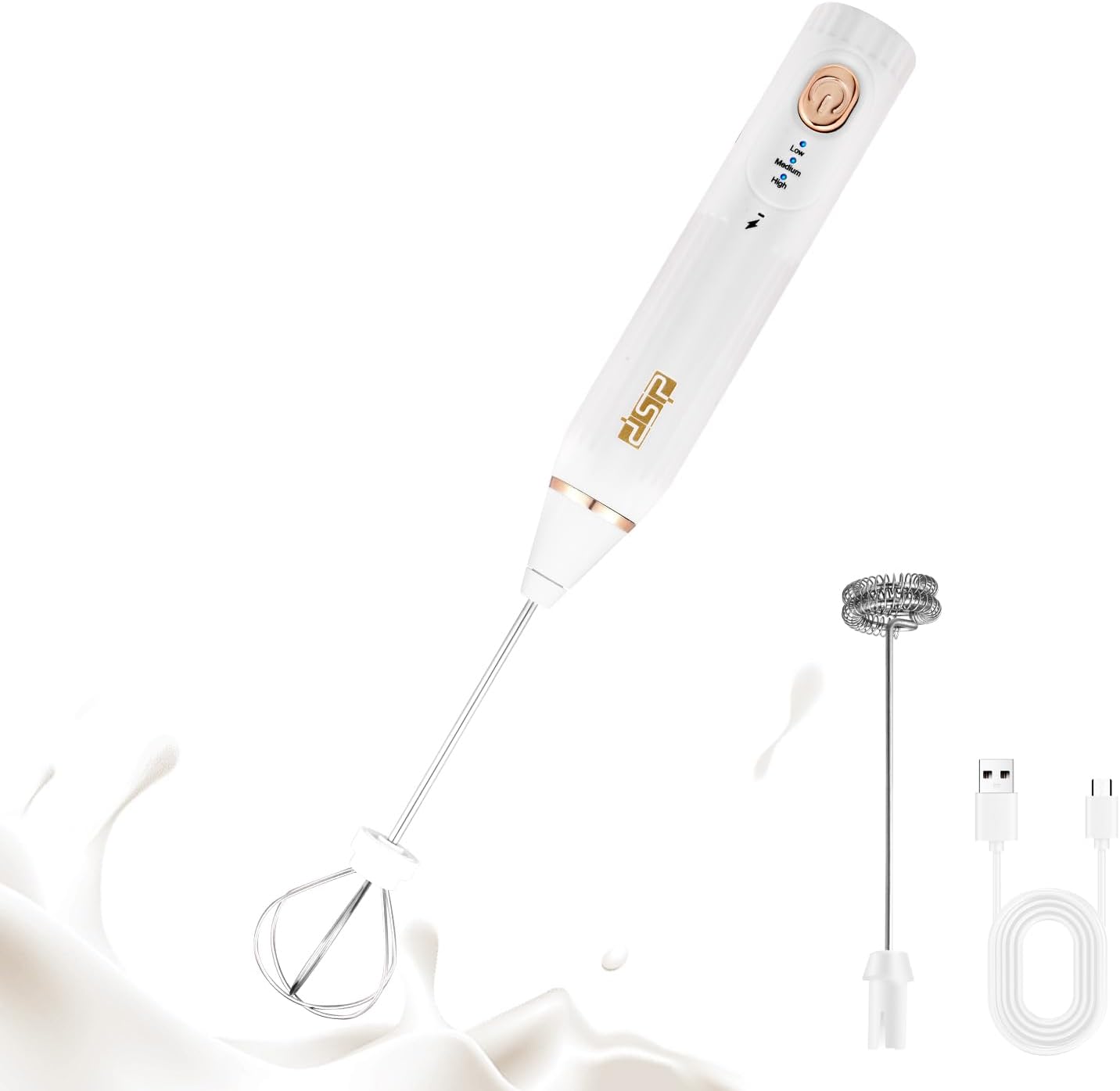 DSP Electric Whisk Rechargeable with Egg whisk milk frothing bar, 3 Speed Adjustable, Milk Frother Handheld for Latte, Cappuccino (White)