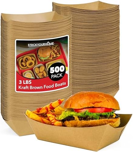 Stock Your Home [500 Pack Extra Large Disposable Brown Kraft Paper Food Trays, 3-Lb Concession Tray, Serving Boats for Party Snacks, Taco Bar, Seafood, Nachos Plates by StockYourHome