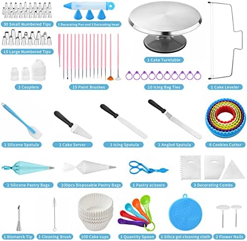300 PCS Cake Decorating Kit, Cake Decoration Supplies, Baking Accessories Tools Set, Cake Turntable Stand Frosting Piping Bags Icing Tips Nozzles Spatulas Smoothers Cookie Cutters Cupcake Muffin Cups - Image 2