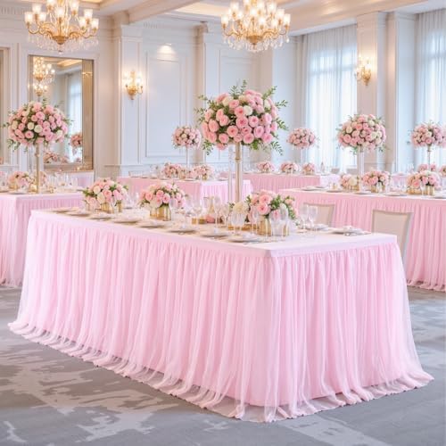 Suppromo 6 Pack 6ft Pink Tulle Tablecloths for Rectangle Tables 72 x 30 Inch Pink Rectangular Table Cloth, Wrinkle Free Table Cover with Tutu Skirt for Baby Shower Birthday Party Banquet Buffet Cake - Image 4