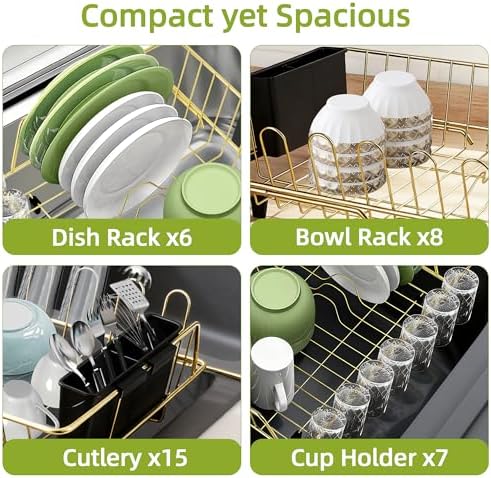 Dish Drying Rack-Large Stainless Steel Dish Drainer Over The Sink for Kitchen Countertop with Utensil Holder and Silicone Drying Mat(Gold, in Sink, 24.2'*13.2') - Image 5