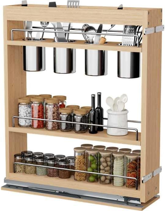 DINDON Pull Out Spice Rack Cabinet Organizer, (5" W x 21.9" D x 25.2" H) Multi-Use Soild Wood Pull Out Cabinet Organizer With 4 Movable Stainless Steel Cutlery Storage Buckets for Kitchen Organization by DINDON