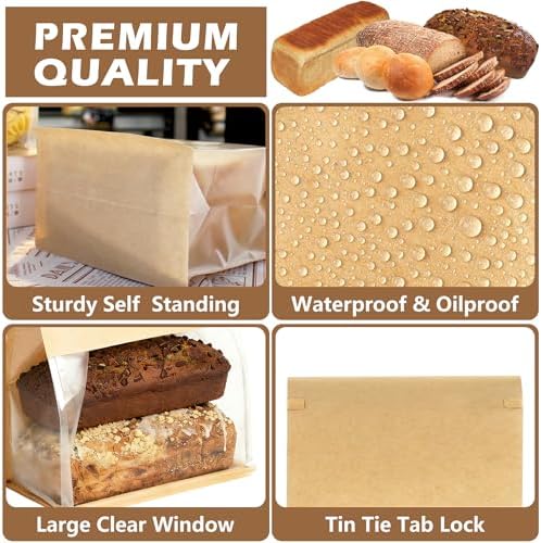 200 Pack Extra Large Paper Bread Bags for Homemade Bread Sourdough Bags, 12.2x10.6x6.1 Inches Resealable Tin Tie Tab Lock Bakery Loaf Bag with Window, Baked Goods Packaging for Gifting and Bake Sale - Image 3