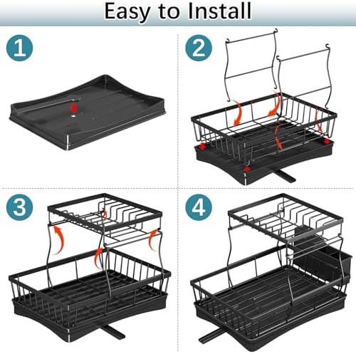 2 Tier Dish Drainer Rack for Kitchen Counter - Space-Saving Dish Rack with Utensil Holder, Large Capacity Dish Drying Rack with Draining Board, Black - Image 3