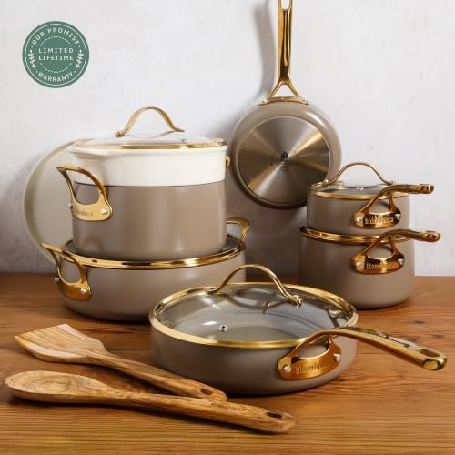 Bloomhouse 15-Piece Ceramic Nonstick Cookware Set, Two Time Oprah's Favorite Things, Heavy-Gauge Aluminum Pots and Pans Set, PFAS & PFOA & PTFE Free Ceramic Cookware, Oven Safe to 500°F, Cappuccino - Image 2