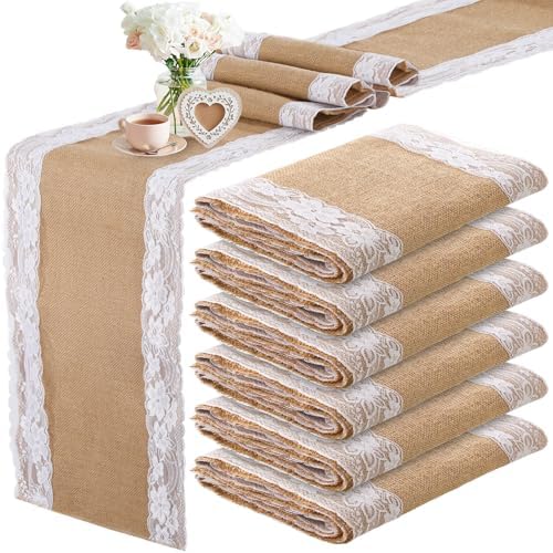 Tatuo 6 Pcs Burlap Table Runners with Lace 12 X 72 Rustic Jute,Elegant by Tatuo
