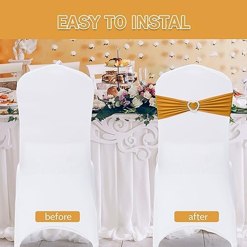 Pack of 30 Spandex Chair Sashes Bows Stretch Chair Cover Band with Buckle Slider Universal Elastic Chair Ties for Wedding Banquet Party Event Decoration (Gold) - Image 4