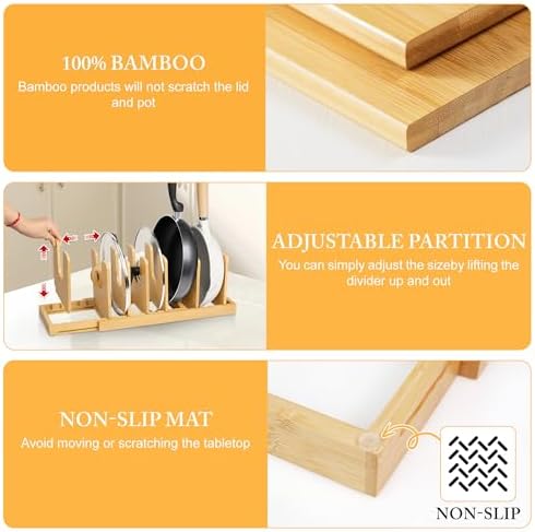 MinBoo Bamboo Expandable Pot Lid Organizer, Pot and Pan Organizer Drawer Organizer for Pot Lids, Adjustable 10 U-Shaped Dividers for Kitchen Cabinet Organizers and Storage (Bamboo-1) - Image 4