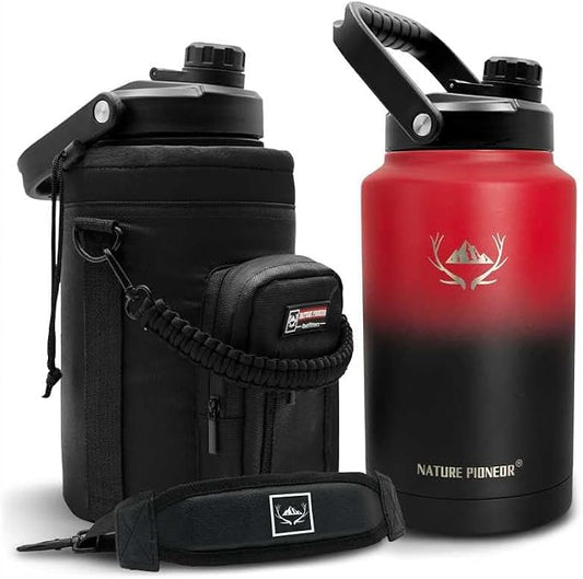 NATURE PIONEOR 1 Gallon (128oz) Insulated Water Bottle Jug with Carrier Bag | 18/8 Food-grade Stainless Steel, Double Vacuum Insulation, Wide-Mouth, Straw & Spout Lid, Strap, Camping, Hiking, Gym, Work by NATUREPIONEOR