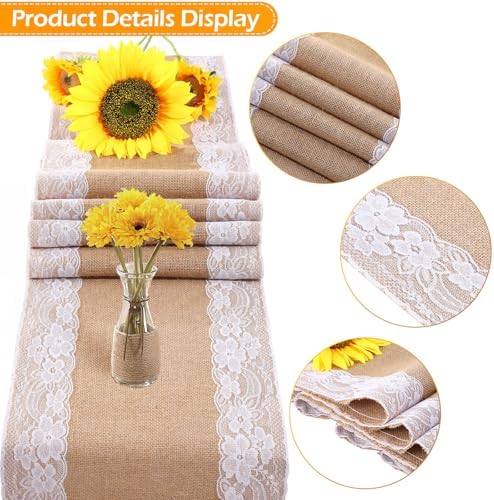 Tatuo 6 Pcs Burlap Table Runners with Lace 12 X 72 Rustic Jute,Elegant - Image 3