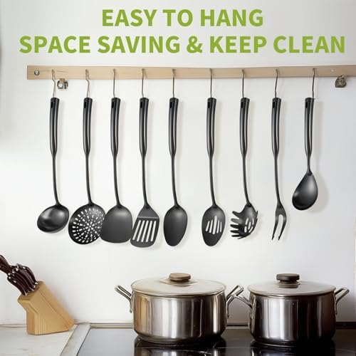 Izurok Kitchen Utensil Set, 9-Piece Cooking Utensil Set,Include 304 Stainless Steel Spatula Skimmer, Soup Ladle, Spaghetti Server,Slotted & Solid Spoon, Slotted Spatula Turner, Meat Fork(Black） - Image 2