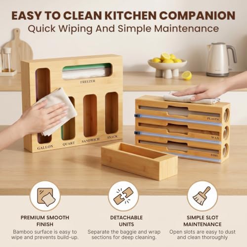9 in 1 Storage Bag Organizer for Kitchen Drawer, Bamboo Foil and Plastic Wrap with Cutter, Ziplock Bag Organizer for Quart, Gallon, Sandwich & Snack Bags - Aluminum Foil Organizer - Image 5