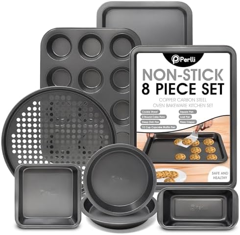 PERLLI Non-Stick 8-Piece Bakeware Set – Carbon Steel with Even Heat Distribution, Oven Safe to 446°F, BPA-Free, Dishwasher Safe, Stackable Baking Tools for Easy Storage and Everyday Cooking - Gray by PERLLI