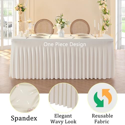 2 Pack Spandex Ivory Table Clothes for 8 Foot Rectangle Tables, Stretch Table Cloth 8ft Fitted Table Cover Desk Skirt for Parties Weddings Birthday Banquet Baby Shower - Image 3
