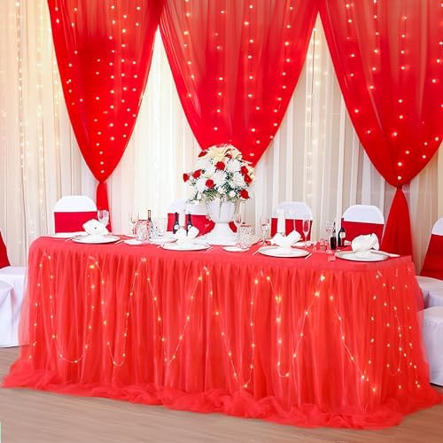 PARTISKY Red Tulle Tutu Table Skirt for Rectangle Tables or Round Table,Led Light String Table Cloth for Boys Girls Baby Shower Party Dessert/Cake Tables - Image 3