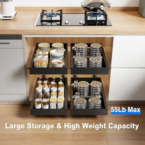 Mustorn 2 Pack Pull Out Cabinet Organizer,21.8" Deep Slide Out Drawer for Cabinets Adhesive Pull Out Drawers Heavy Duty Pull Out Shelves for Kitchen,Cupboard,Pantry,Bathroom-Black - Image 3