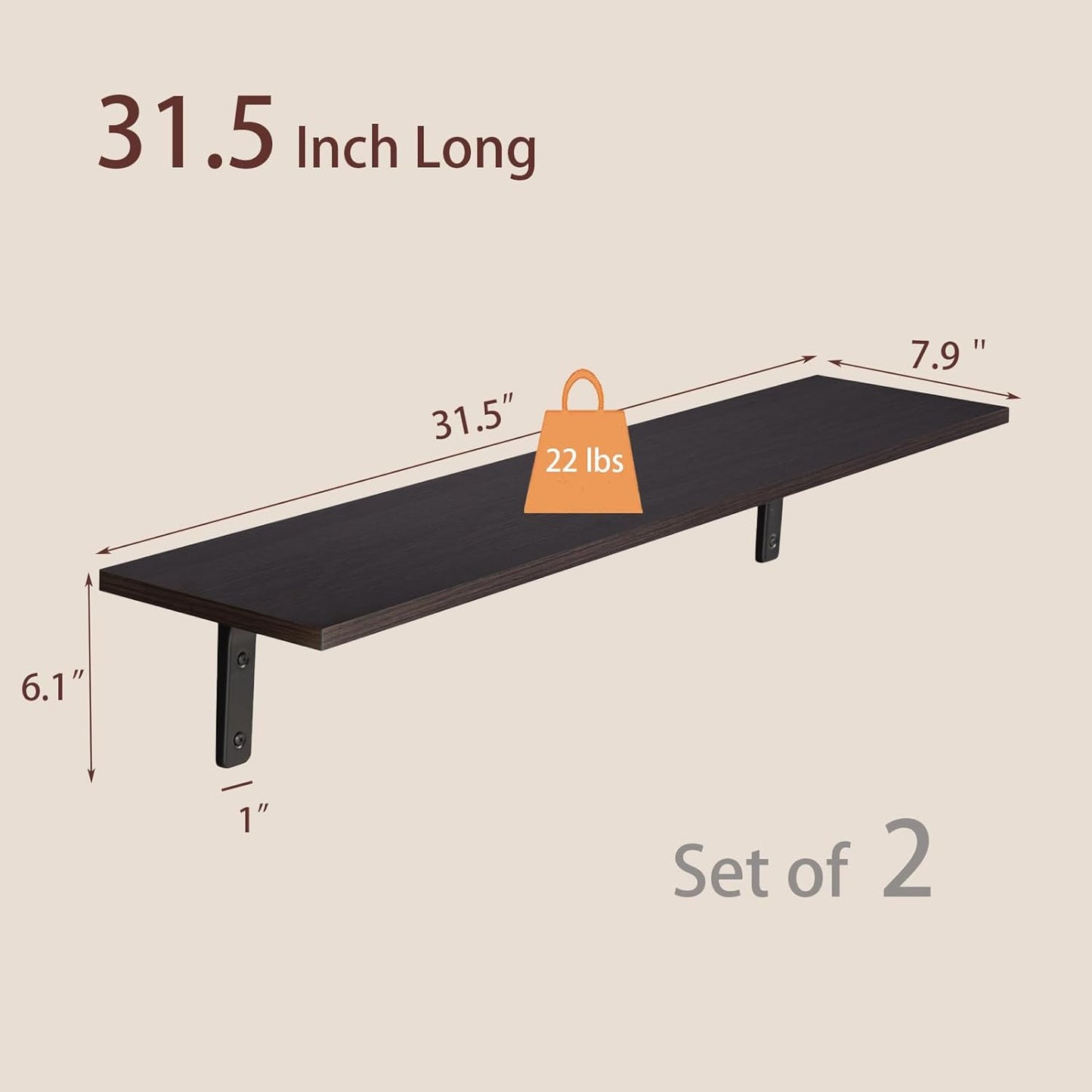 DINZI LVJ Long Wall Shelves, 31.5 Inch Wall Mounted Shelves Set of 2, Easy-to-Install, Floating Storage Ledges with Sturdy Metal Brackets for Living Room, Bathroom, Bedroom, Kitchen, Espresso