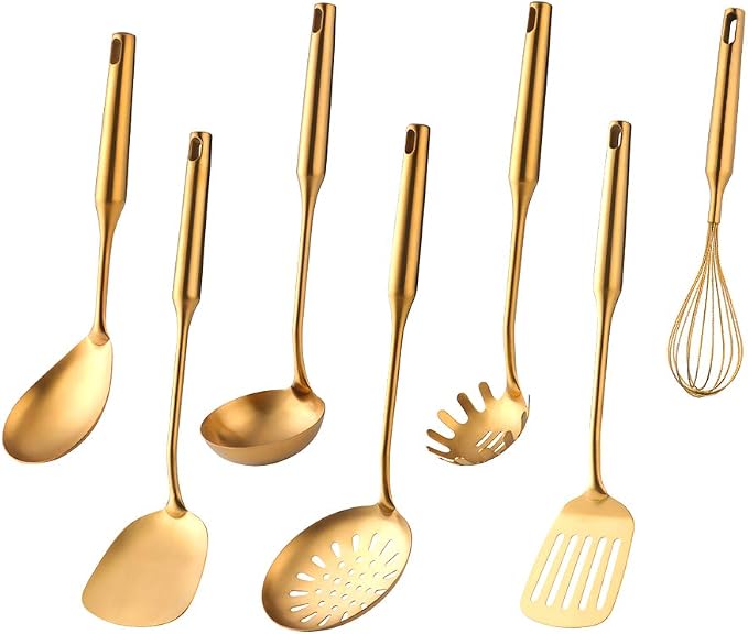 Kitchen Utensil Set -7PCS Gold 18/8(304) Stainless Steel -Wide Spatula,Soup Ladle,Strainer Ladle,Slotted Spatula,Spaghetti Server,Rice Scoop Spoon and Whisk by Unknown