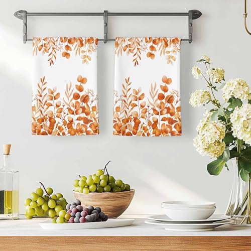 Orange Eucalyptus Kitchen Towels Set of 3, Absorbent Dish Towels for Kitchen, Botanical Summer Leaves Country Floral Microfiber Hand Towel, Quick Drying Tea Towel for Cleaning Decorative Dishcloths - Image 3
