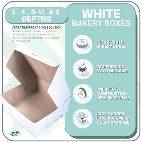 Southern Champion Tray 0973 Premium Clay-Coated Kraft Paperboard White Non-Window Lock Corner Bakery Box, 10" Length x 10" Width x 4" Height, White (Case of 100) - Image 3