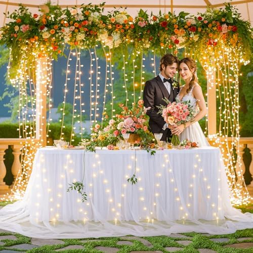 PARTISKY White Tulle Tutu Table Skirt for Rectangle Tables or Round Table,Led Light String Table Cloth for Wedding Baby Shower Birthday Party Dessert/Cake Tables - Image 2