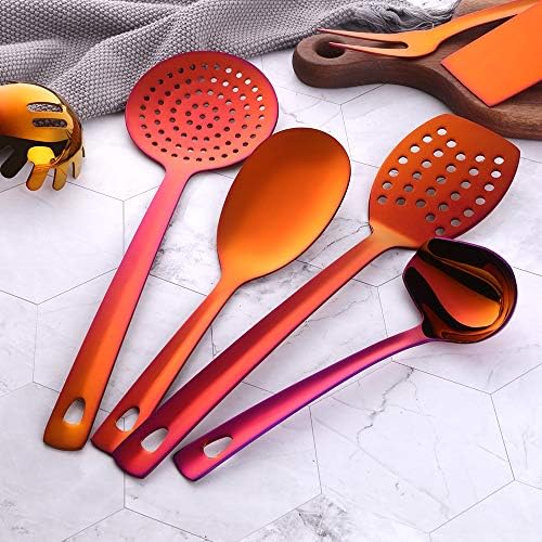 12 Pcs Cooking Utensil Set, Stainless Steel Orange Titanium Plated Cookware Sets with Public Fork/Spoon, Cake Shovels, Spatula, Ladles, Solid Spoon, Slotted Spoon, Pasta Server, Kitchen Tool Gadget - Image 2