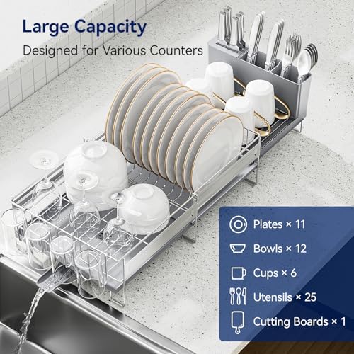 Stainless Steel Dish Drying Rack - Expandable Dish Racks for Kitchen Counter Organizer with Drain Board, Detachable Utensil & Cup Holder, Dish Drainer for Small Kitchen Counter, Grey - Image 5