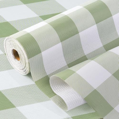 Green Gingham Shelf Drawer Liners Non-Adhesive 17.5In x 10FT by Insigoo