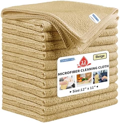 Microfiber Cleaning Cloth, 12 Pack Biege Cleaning Rags,12" X 11" Lint Free Dish Towels Wash Cloths, Reusable Microfiber Towels for Home and Kitchen Bathroom Apartment Cleaning Supplies by HOMERHYME