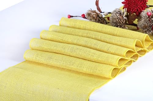 MDS® Pack of 12 Natural Burlap Table Runner, 12 x 108 Inch, Jute Rustic Farmhouse Boho Table Decor for Wedding Reception, Dining Table, Bridal Shower, Baby Shower & Party Decorations - Yellow - Image 2