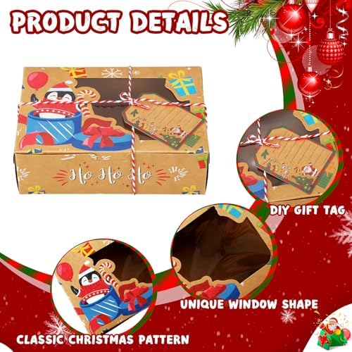 Zhanmai 64 Pcs Christmas Treat Boxes with Window Holiday Kraft Bakery Christmas Cookie Gift Boxes Xmas Pastry Food Containers with Ribbons DIY Tags for Party Favor Gift Giving(Rustic) - Image 3