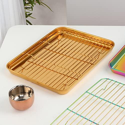 Meisha Baking Sheet with Wire Rack Set [2 Pans + 2 Tier Racks], Stainless Steel Cookie Sheet Baking Trays & Cooling Rack for Cooking, Gold - Image 2