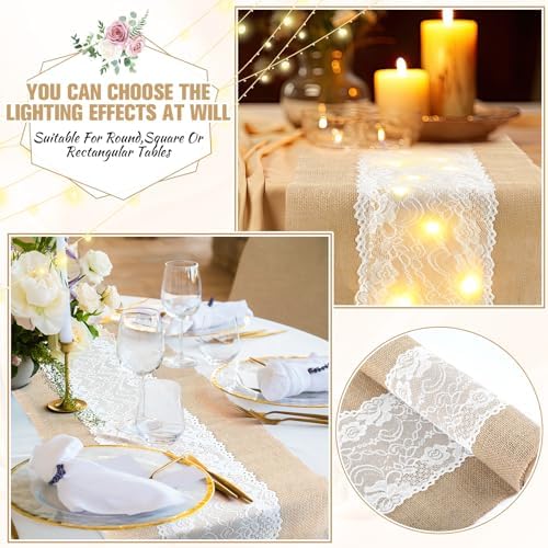 Xinnun 6 Pcs Burlap Table Runner with Lights 12 x 108 Inches Burlap Lace Table Runner Rustic Wedding Decorations Home Party (Flower) - Image 5
